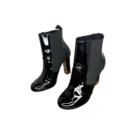 Chanel Black Patent Leather Chain Detail Block Heel Ankle Boots EU 38 CC Booties - Picture 7 of 11